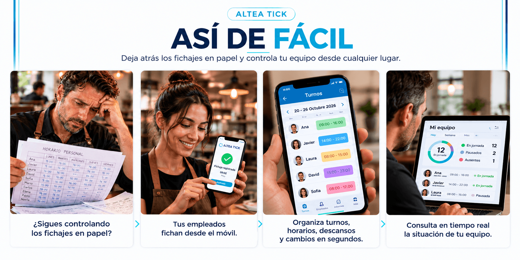 ALTEA TICK, así de fácil: deja atrás los fichajes en papel, tus empleados fichan desde el móvil, organiza turnos y consulta en tiempo real la situación de tu equipo